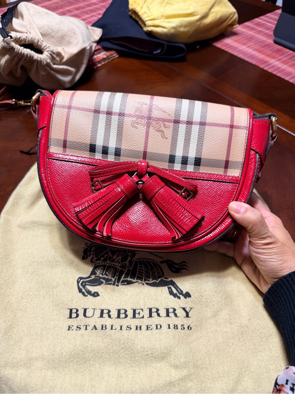 Burberry Red and Beige Check Leather Tassel Crossbody Bag